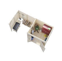 Vue aérienne d'un abri de jardin en bois avec barbecue, étagère, outils de jardin et bois de chauffage.