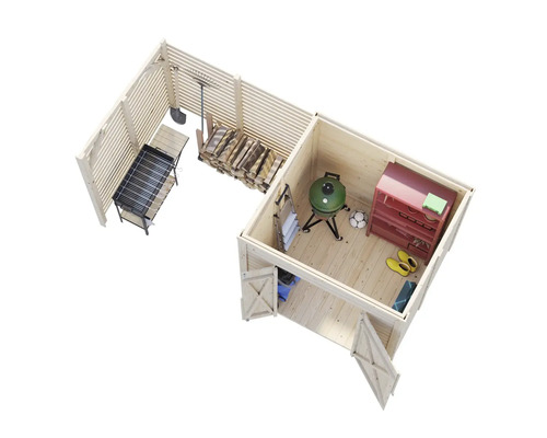 Vue aérienne d'un abri de jardin en bois avec barbecue, étagère, outils de jardin et bois de chauffage.