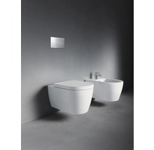 WC suspendu et bidet avec plaque de commande dans la salle de bains.