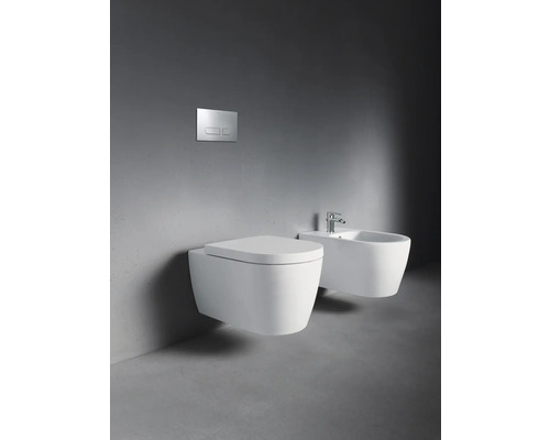 WC suspendu et bidet avec plaque de commande dans la salle de bains.