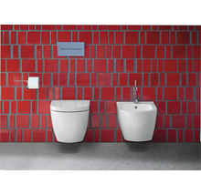 Salle de bains moderne avec WC suspendu et bidet devant un carrelage mural rouge.