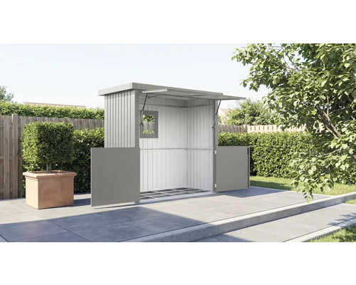 Abri de jardin métallique avec portes ouvertes et fenêtre dans le jardin