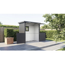 Abri de jardin avec toit ouvert et portes ouvertes dans le jardin