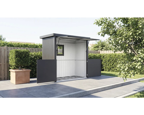 Abri de jardin avec toit ouvert et portes ouvertes dans le jardin