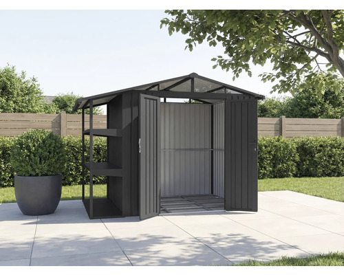 Abri de jardin avec portes ouvertes et étagères à l'extérieur