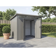 Armoire de jardin métallique avec portes ouvertes dans un environnement extérieur