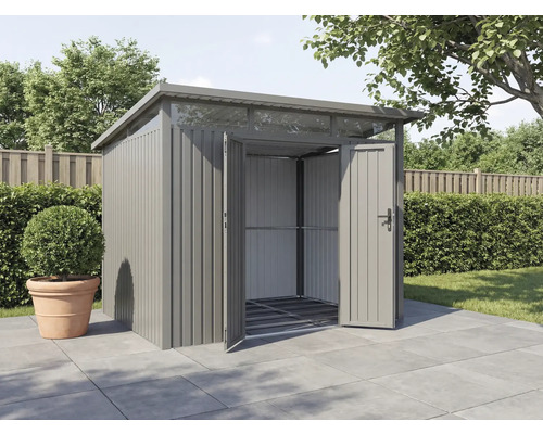 Armoire de jardin métallique avec portes ouvertes dans un environnement extérieur
