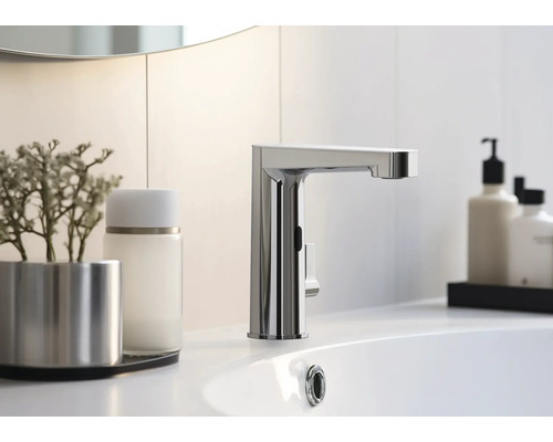 Un robinet avec capteur sur un lavabo.