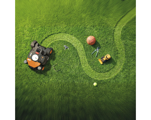 Draufsicht auf einen Rasen mit einem Rasenmähroboter, einem Basketball, einer Spielzeugmaschine, einer Gartenschere, einem Tennisball, einer Brille und Schlüsseln