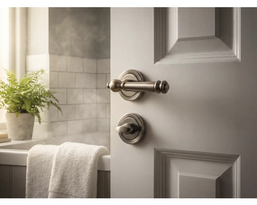 Tür mit Türgriff und Schloss vor einem Badezimmer