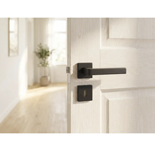 Innenraumansicht einer geöffneten Tür mit schwarzer Türklinke