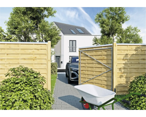 Szene mit einem Haus, einem Holzzaun mit Tor und einer Schubkarre