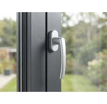 Nahaufnahme eines grauen Fensters mit einem silberfarbenen Fenstergriff