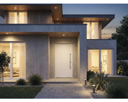 Modernes Haus mit Eingangstür, Fenstern und Aussenbeleuchtung