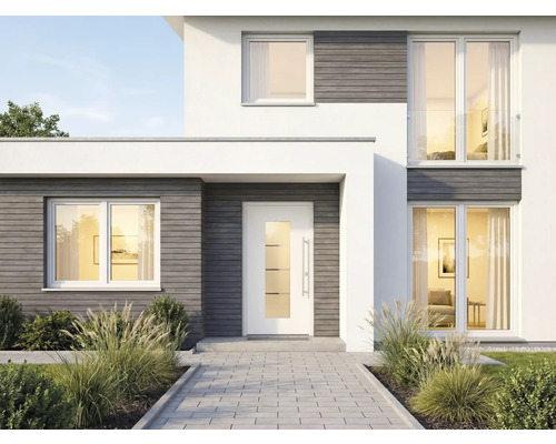 Modernes Haus mit Haustür, Fenstern und gepflastertem Weg