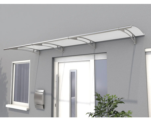 Auvent de porte d'entrée en verre acrylique avec supports en acier inoxydable sur un mur de maison