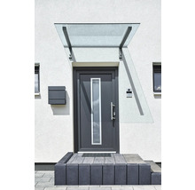 Porte d'entrée avec auvent en verre, boîte aux lettres et escalier en pierre