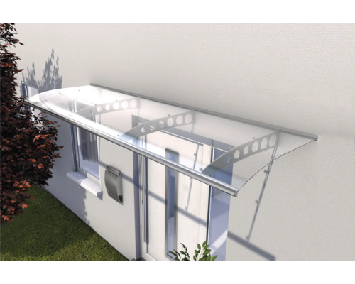 Haustürvordach aus transparentem Material mit Metallrahmen