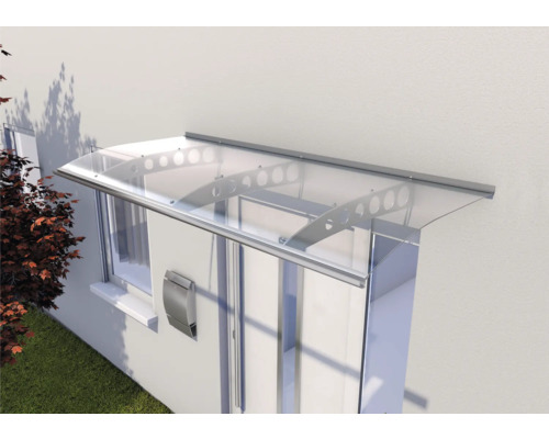 Vordach aus Metall und Kunststoff über einer Haustür