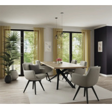 Salle à manger avec table, chaises, suspensions et plantes d'intérieur dans un design clair et moderne.