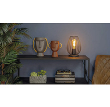 Scène décorative avec deux vases à visages, une lampe et une pile de livres sur une étagère.