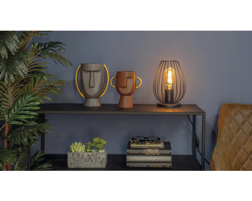 Scène décorative avec deux vases à visages, une lampe et une pile de livres sur une étagère.