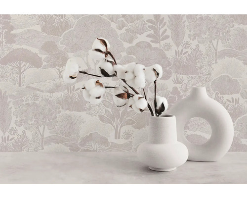 Intérieur moderne avec papier peint à motif de paysage, deux vases en céramique blanche et une branche de coton sur une surface claire.