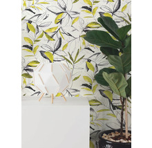 Papier peint intissé moderne avec motif de feuilles jaune et noir de style esquisse derrière une lampe blanche et une plante d'intérieur.