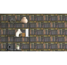 Papier peint intissé avec motif bibliothèque et livres anciens, devant une étagère en métal avec divers objets décoratifs.