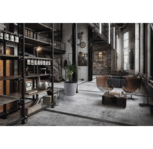 Loft-Interieur im Industriestil mit Regalen, Sitzgelegenheiten und Dekoration