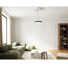 Salon avec canapé vert, table basse, bibliothèque et suspension