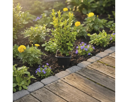 Parterre de jardin avec buis en pot, fleurs jaunes et bleues à côté d'un chemin en bois