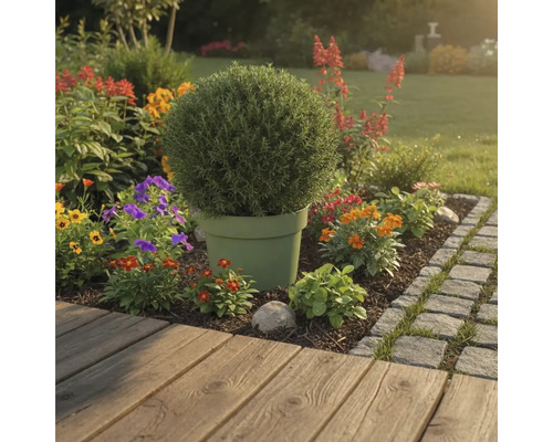 Gartenlandschaft mit Kübelpflanze und bunten Blumen