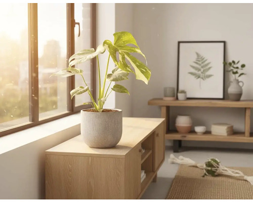 Monstera plante d'intérieur en pot sur une armoire en bois à côté d'une fenêtre.