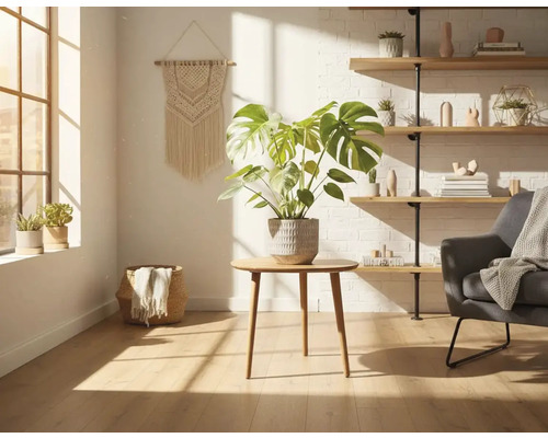 Salon lumineux avec plante d'intérieur, fauteuil et étagère murale
