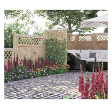 Jardin avec clôture en bois, plantes et coin salon avec mobilier de jardin sous un parasol