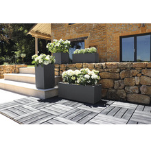 Extérieur de jardinières rectangulaires et carrées avec des fleurs devant un bâtiment.