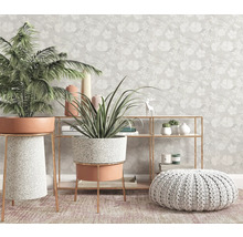 Intérieur avec plantes en pot sur supports pour plantes, étagère et pouf