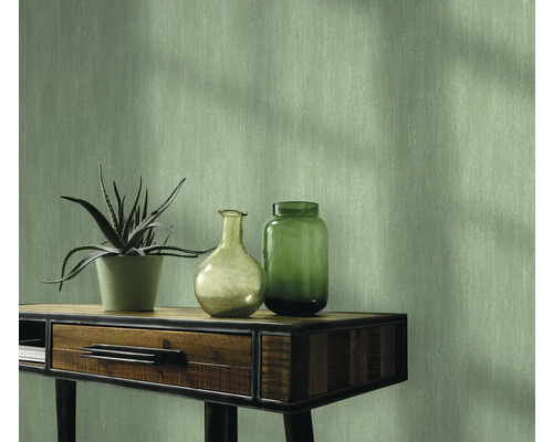 Papier peint à texture légère, décoré avec une plante en pot et des vases sur une table en bois
