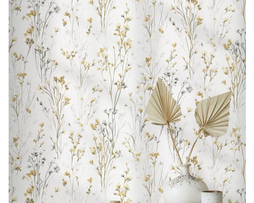 Papier peint à motif floral jaune