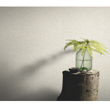 Gros plan d'un mur avec un papier peint aspect pierre, un vase avec une plante est posé sur une souche d'arbre.