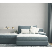 Salon avec canapé d'angle bleu-gris, coussins blancs et tapis gris