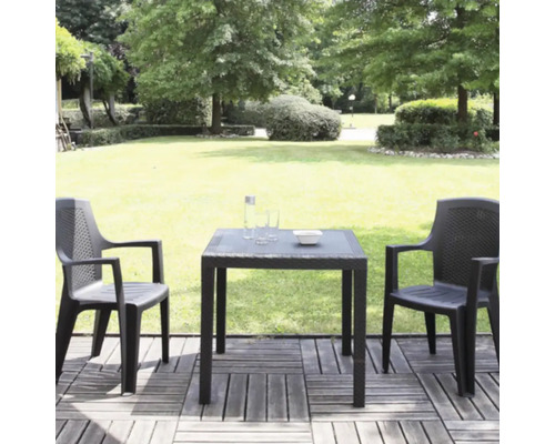 Ensemble de jardin en plastique aspect rotin avec deux chaises et une table carrée sur une terrasse en bois dans un jardin lumineux.
