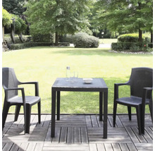 Ensemble de jardin en plastique aspect rotin avec deux chaises et une table carrée sur une terrasse en bois dans un jardin lumineux.