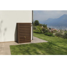 Récupérateur d eau de pluie rectangulaire aspect bois avec lamelles et robinet contre un mur dans un jardin.