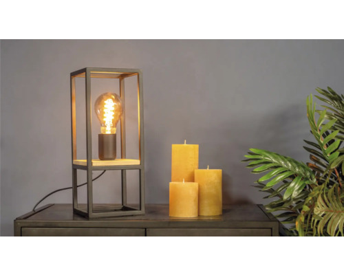 Dekorative Tischlampe mit Edison Glühbirne, Kerzen und Zimmerpflanze auf einer Kommode.