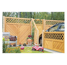 Clôture en bois avec portillon et allée de garage dans le jardin