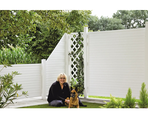 Jardin avec clôture en plastique, treillis et femme assise avec chien