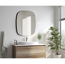 Badezimmer-Szene mit Spiegel, Waschbecken, Waschtisch und Pflanze