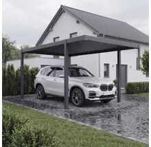 Carport métallique moderne avec voiture sur allée pavée devant la maison.